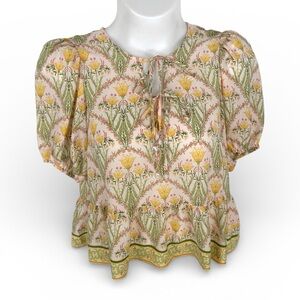CeCe Floral Tie-Neck Puff Sleeve Blouse in Cream, Yellow & Green